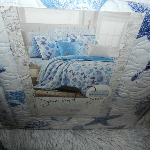 Sun & Sea 9 Pc Quilt Bedding Set Ocean Seashells Coastal King Blue/White NEW/NEW - Picture 12 of 14